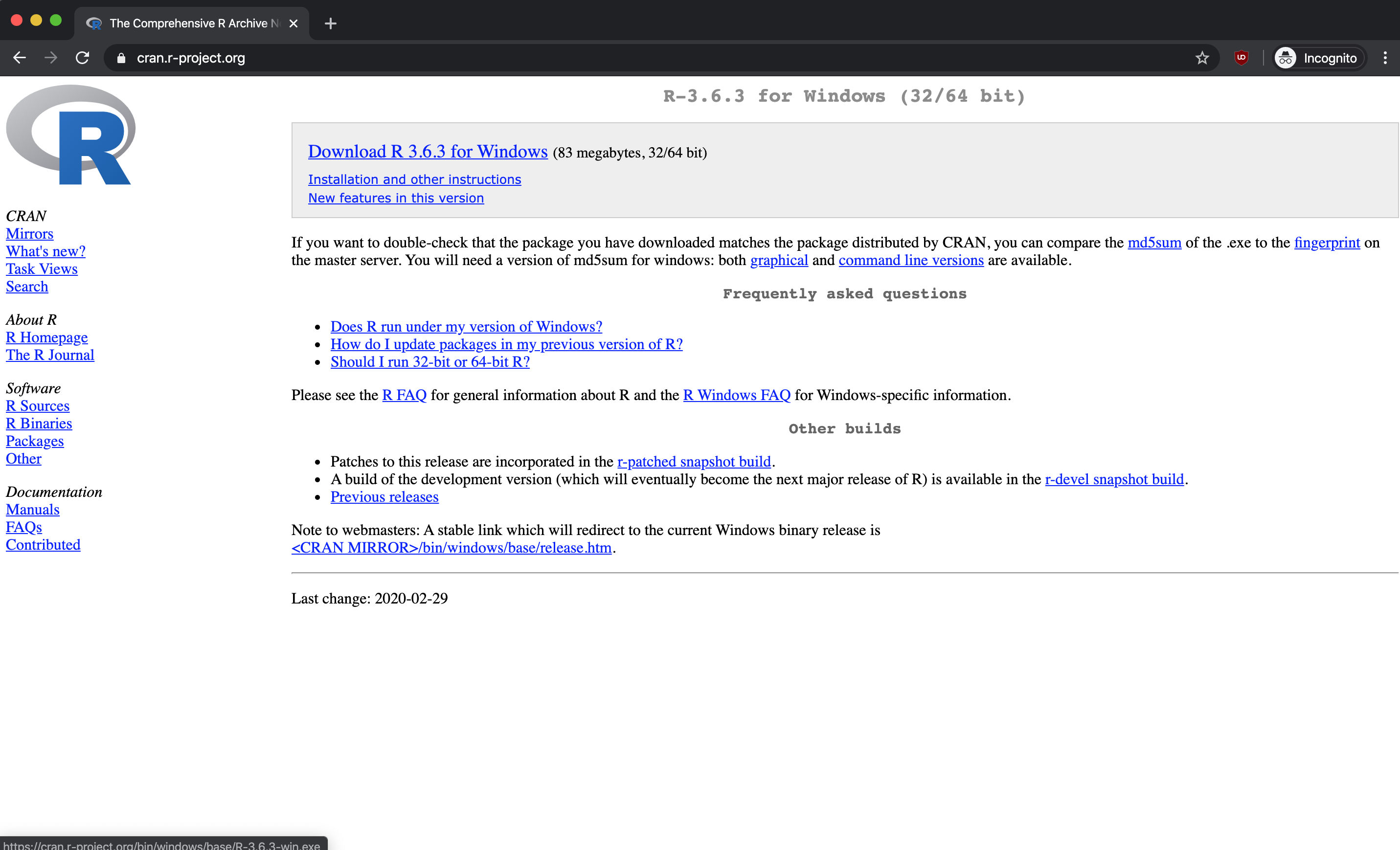 CRAN download link for latest R version installer