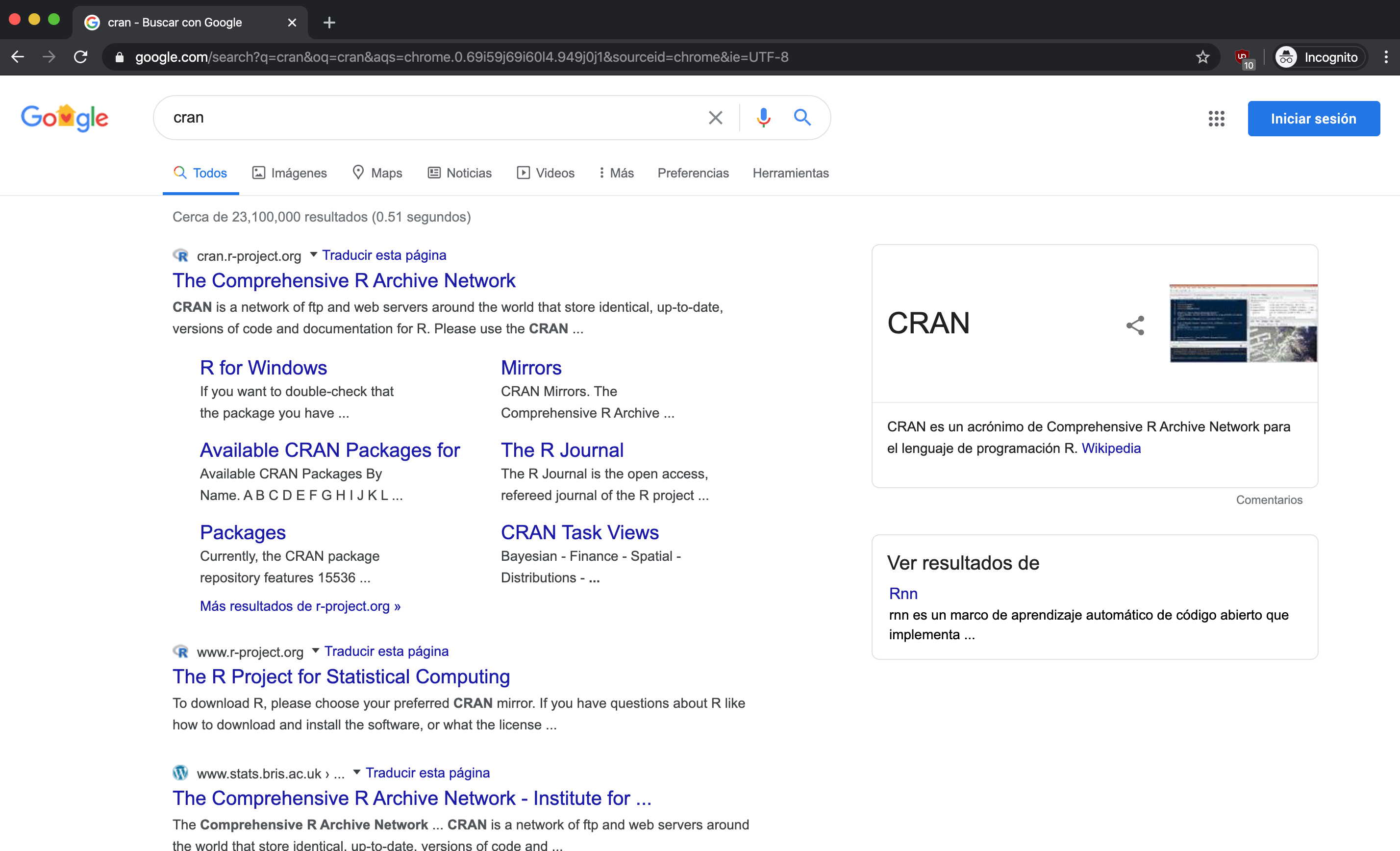 Google search results page showing CRAN R Project download link