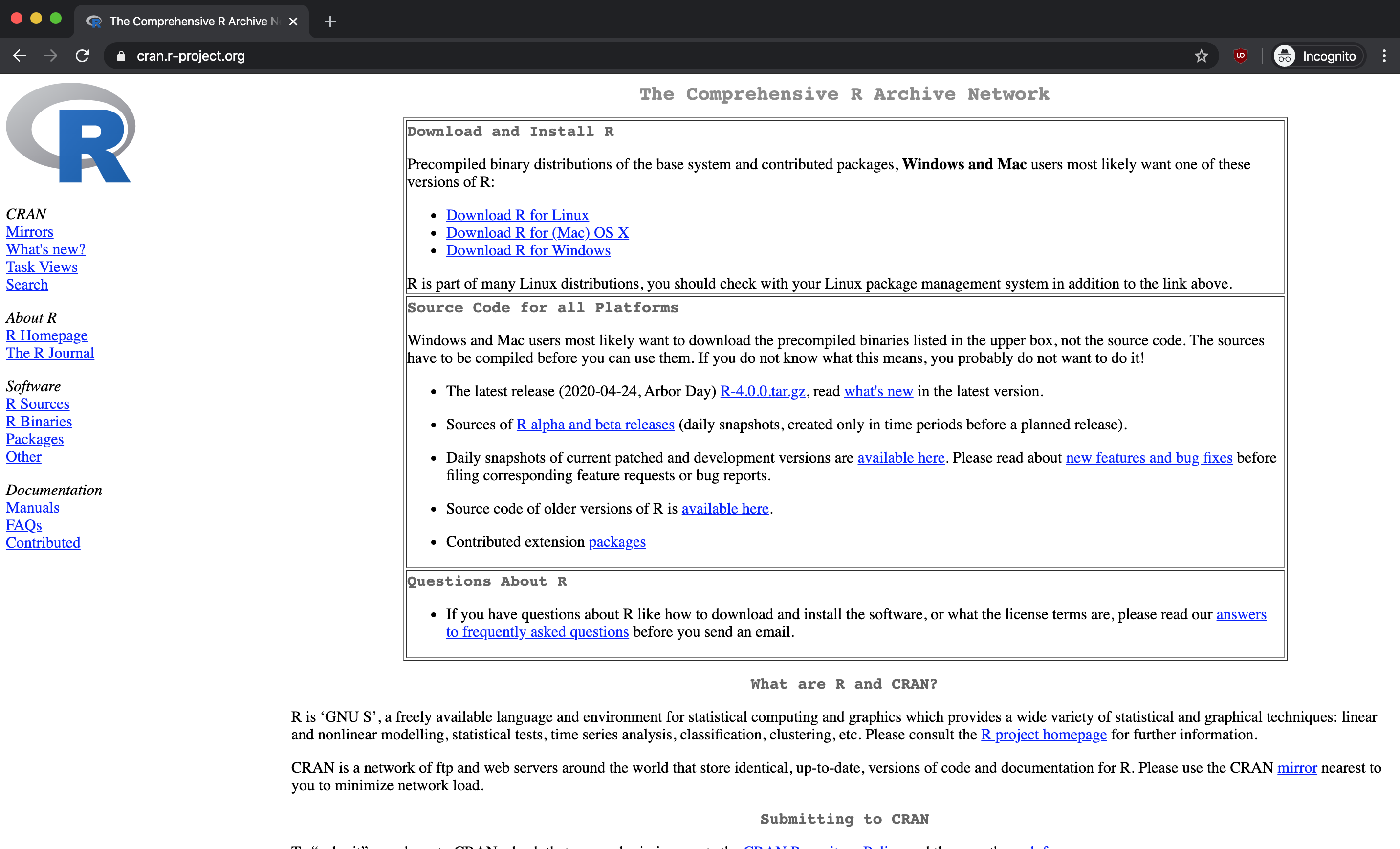 CRAN homepage with download links for Linux, macOS, and Windows