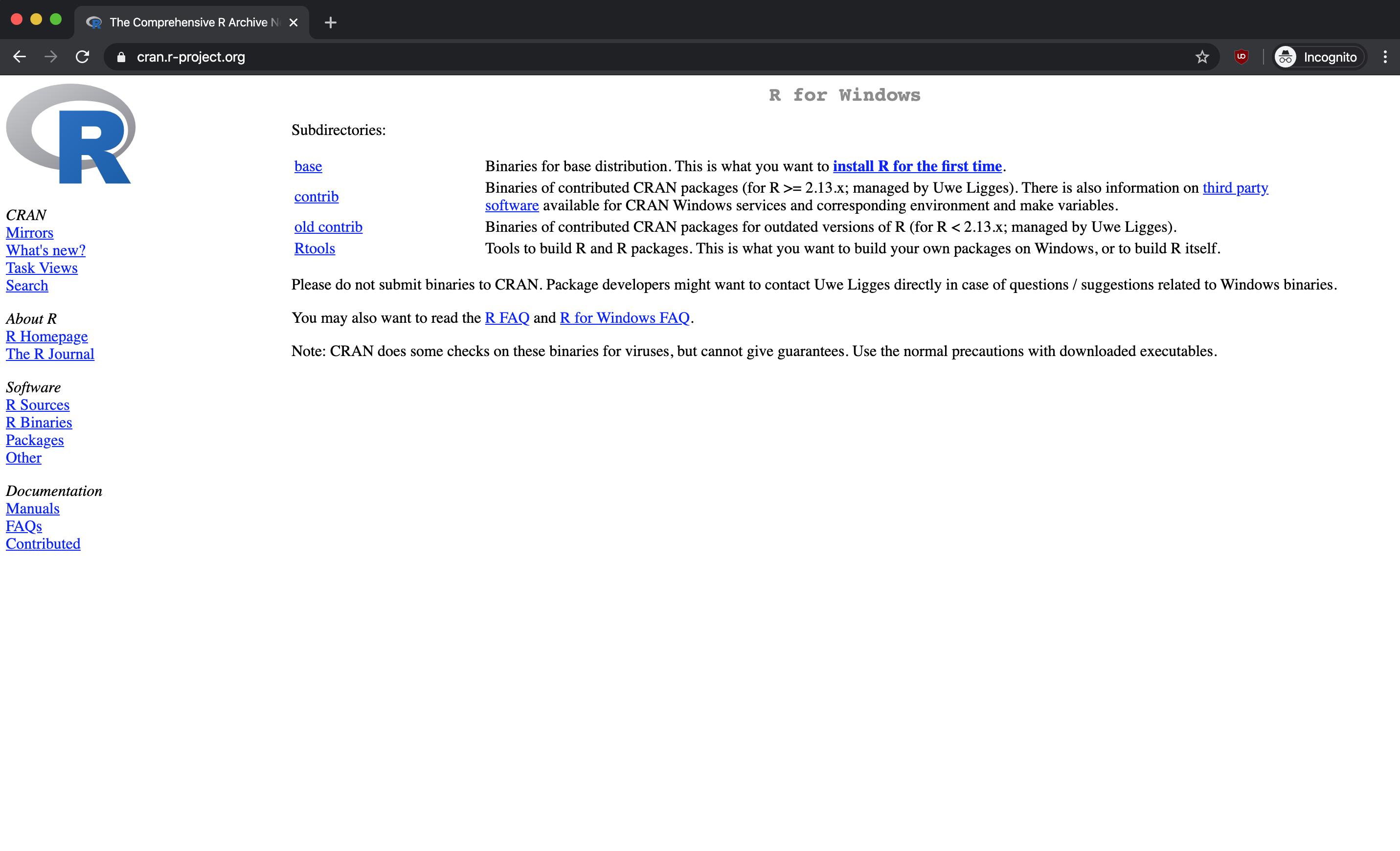 CRAN Windows download page with base R installation link