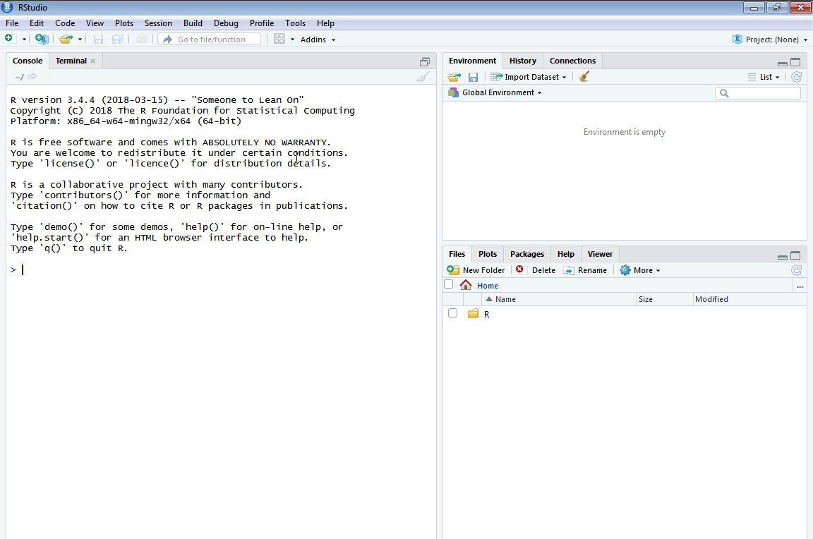 Initial RStudio window showing three panels: console, environment, and files