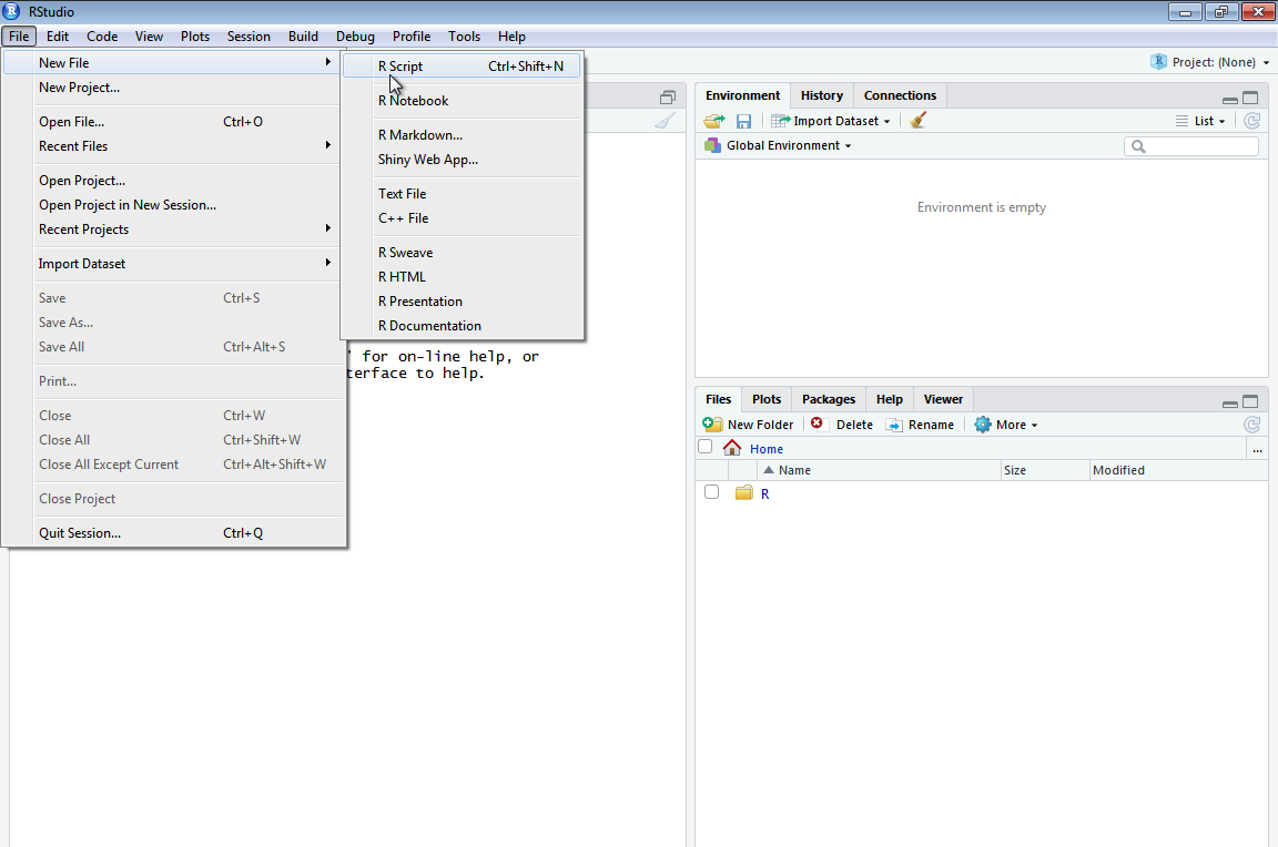 RStudio File menu expanded showing New File then R Script option