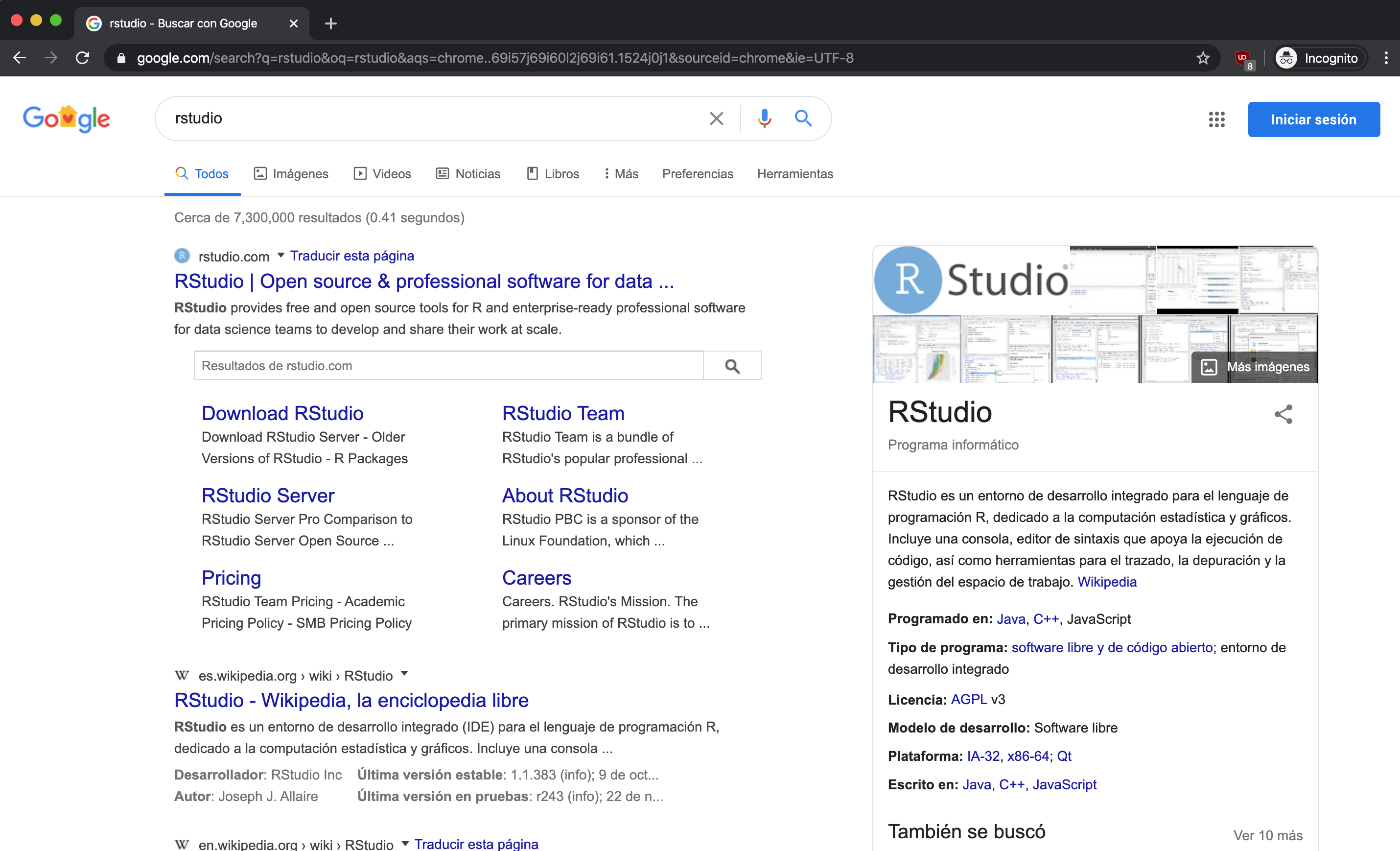 Google search results for RStudio download