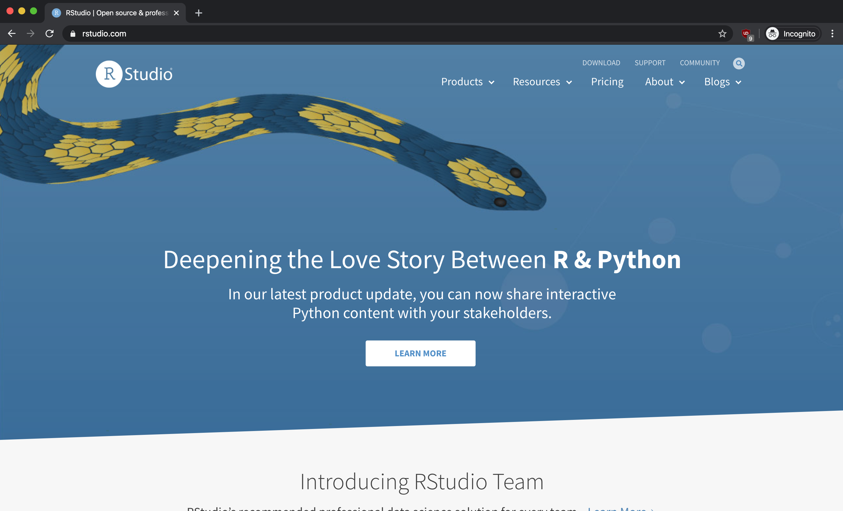 RStudio website homepage with Download button in navigation