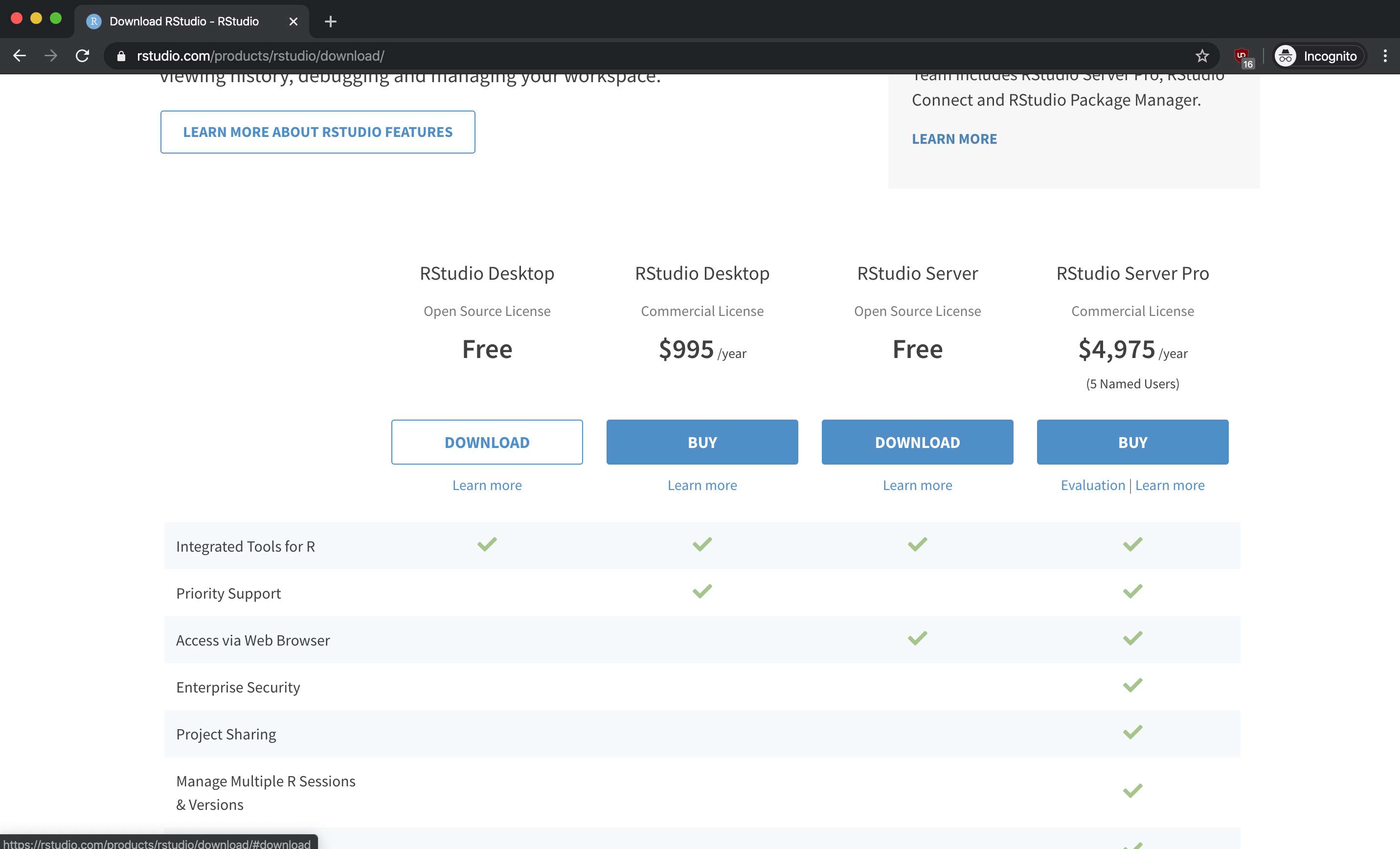 RStudio Desktop download options showing Free and Pro versions