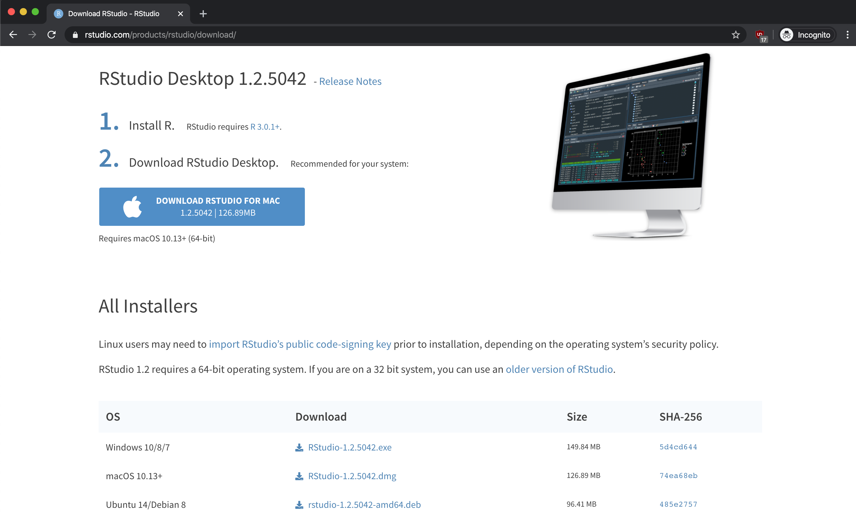 RStudio installer download button for current operating system